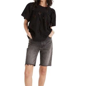 NEW MADEWELL Black Cotton Daisy Eyelet Flutter-Sleeve Yoke Top Size XS NWT 0037